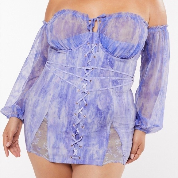 Savage X Fenty Other - Savage X Fenty Blue Marble Lace Up Corset Mini Dress Sheer Mesh XL